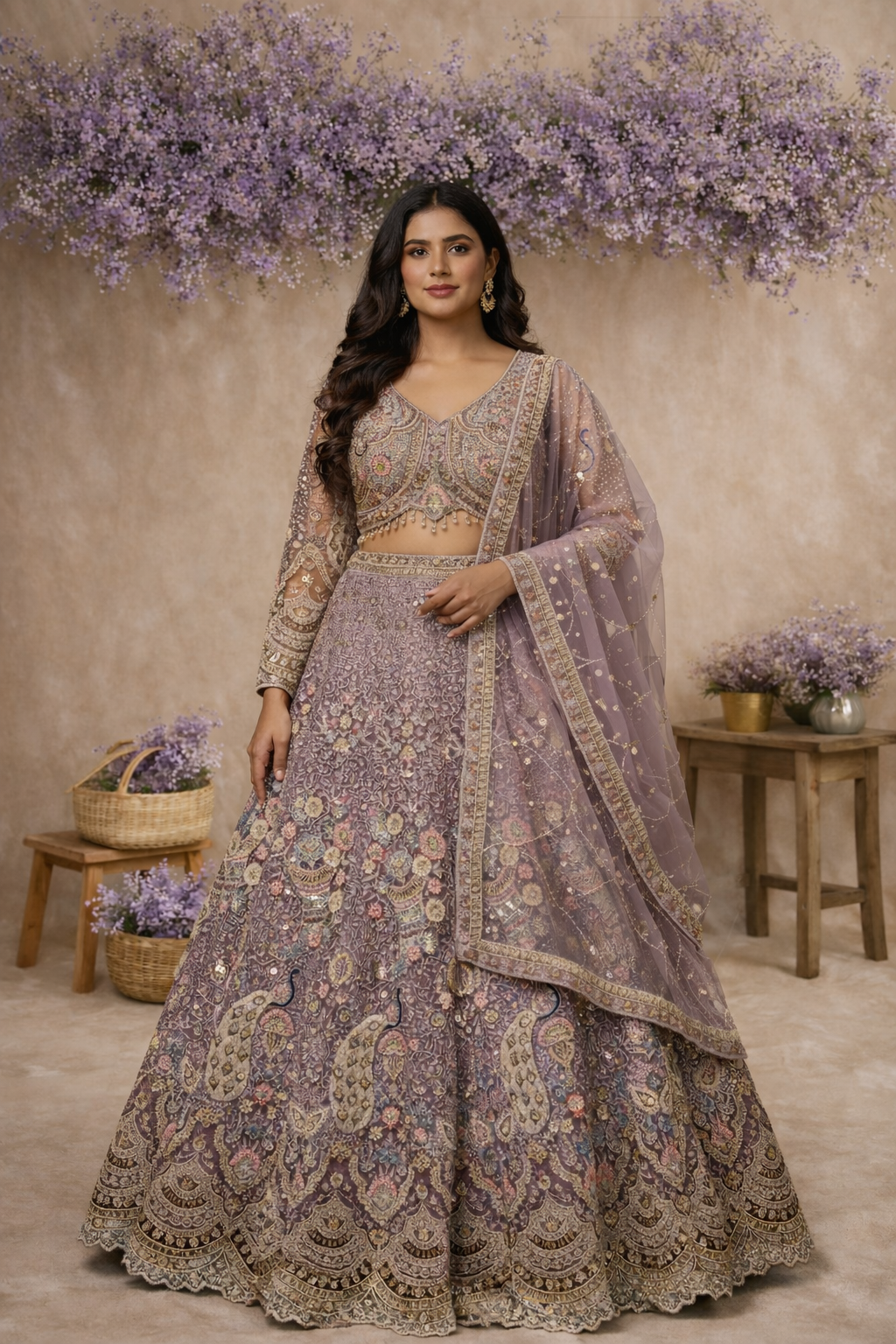 Dusty Lavender Floral Embroidered Designer Lehenga Set
