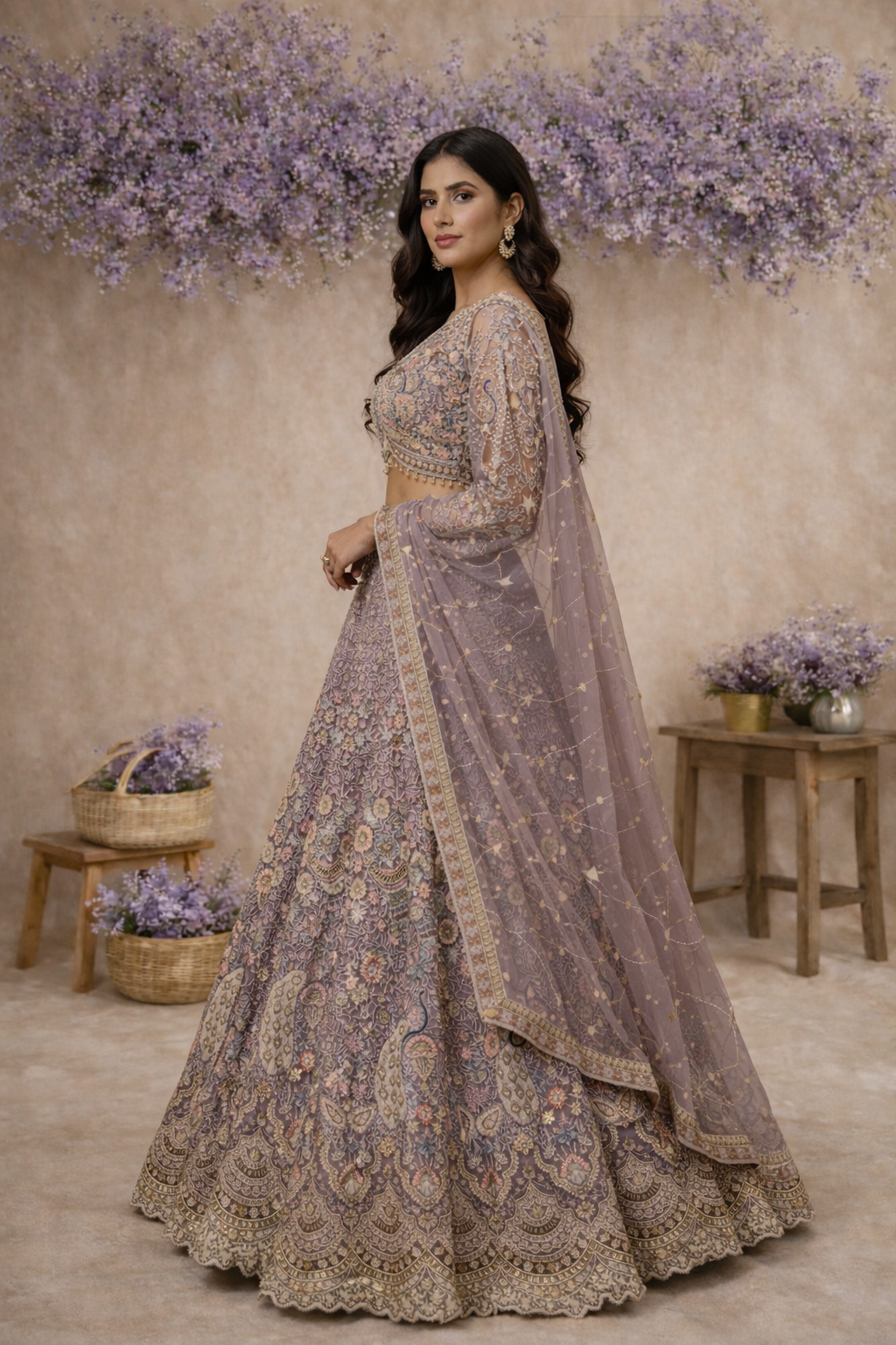 Dusty Lavender Floral Embroidered Designer Lehenga Set - Image 3