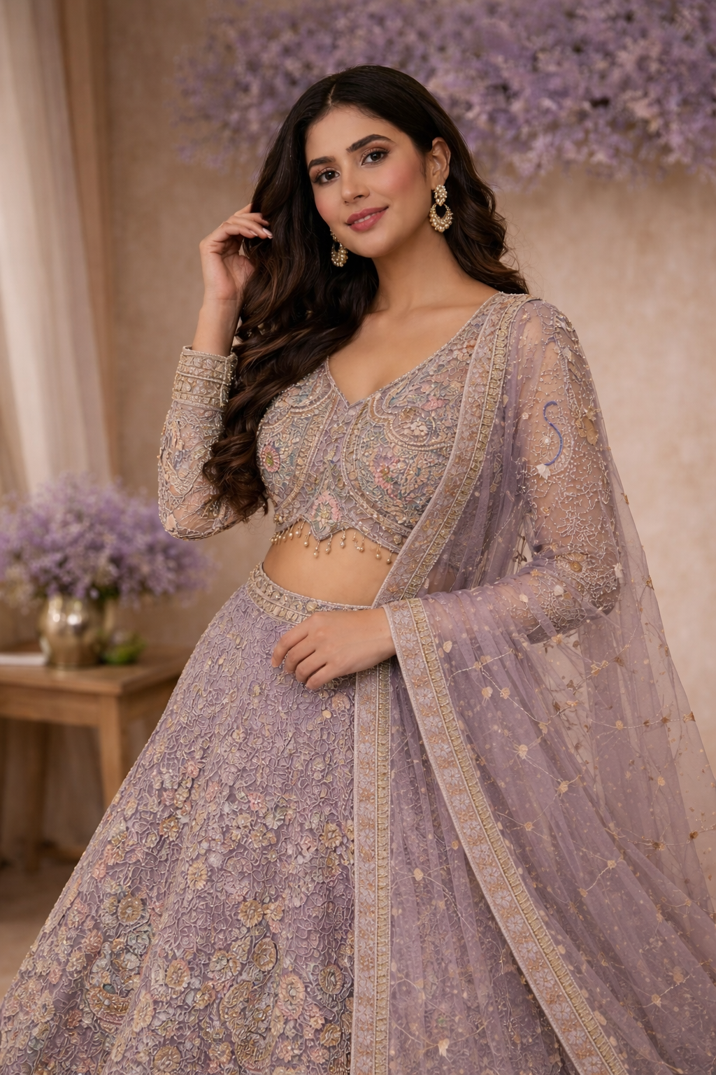 Dusty Lavender Floral Embroidered Designer Lehenga Set - Image 5