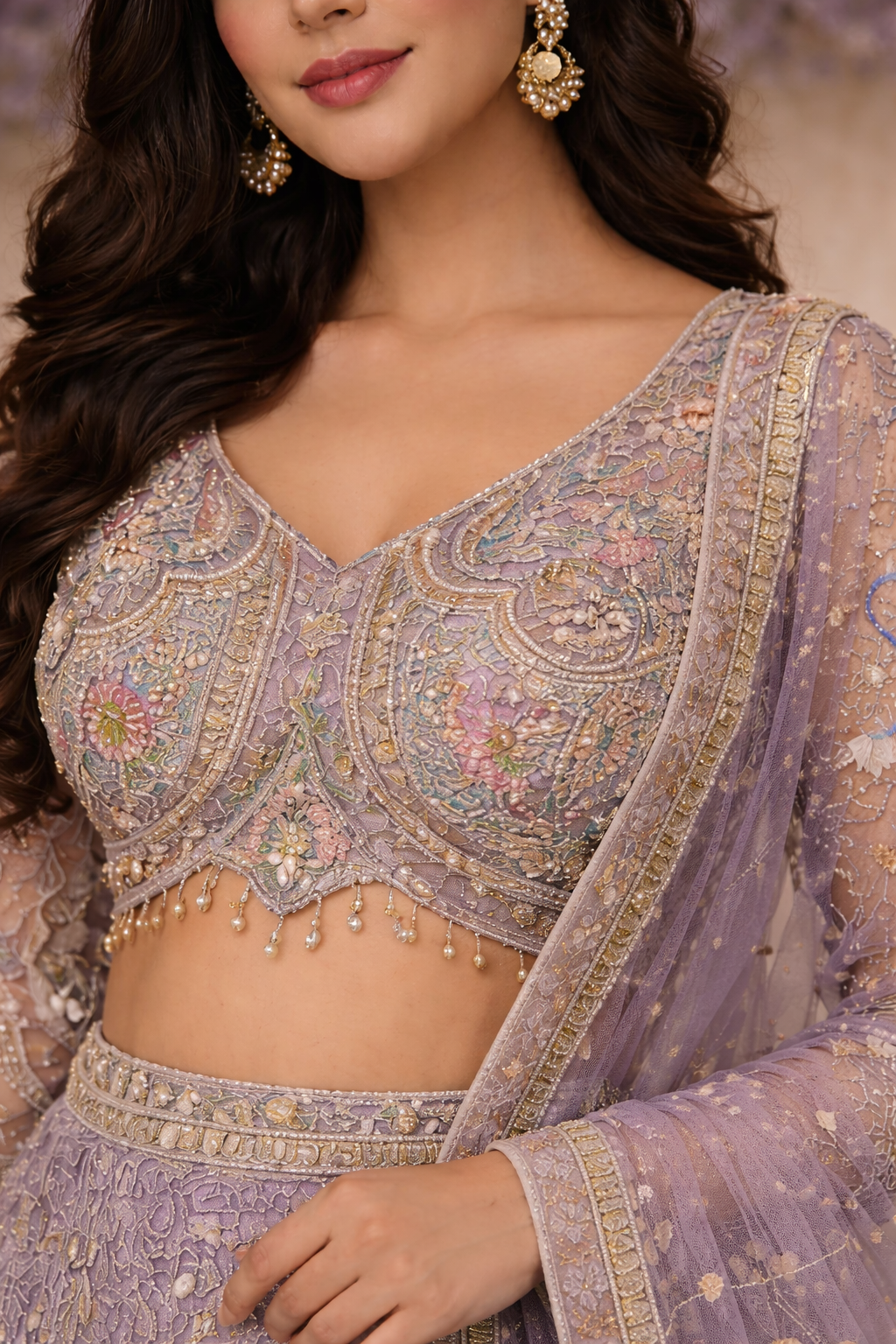 Dusty Lavender Floral Embroidered Designer Lehenga Set - Image 6