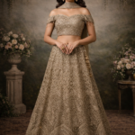 Champagne Gold Heavy Embroidered Off-Shoulder Bridal Lehenga Set