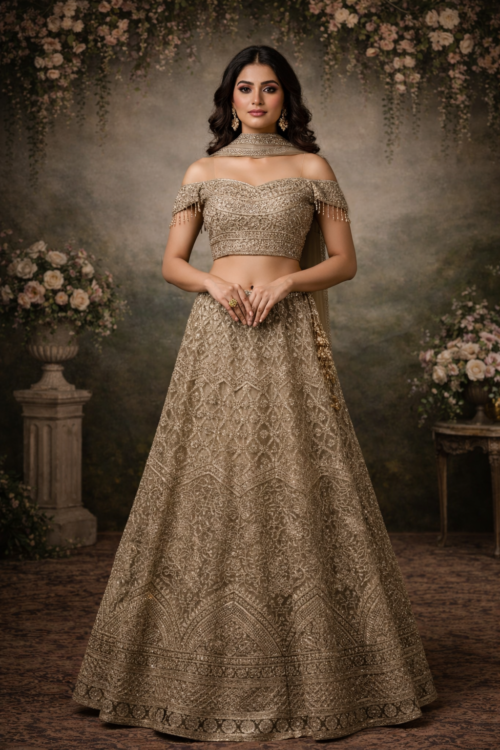 Champagne Gold Heavy Embroidered Off-Shoulder Bridal Lehenga Set