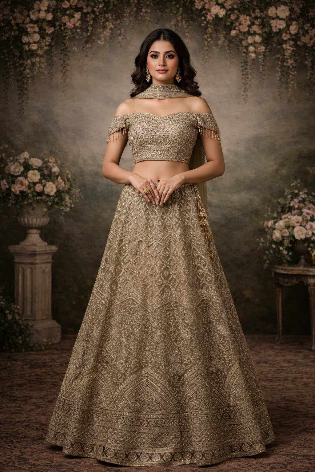 Champagne Gold Heavy Embroidered Off-Shoulder Bridal Lehenga Set