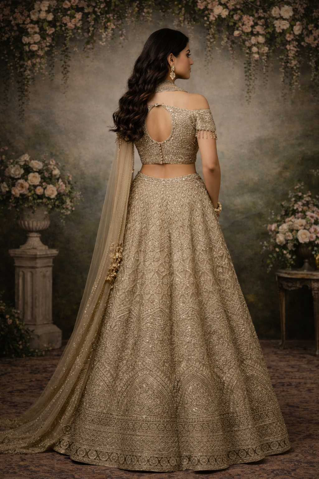 Champagne Gold Heavy Embroidered Off-Shoulder Bridal Lehenga Set - Image 2