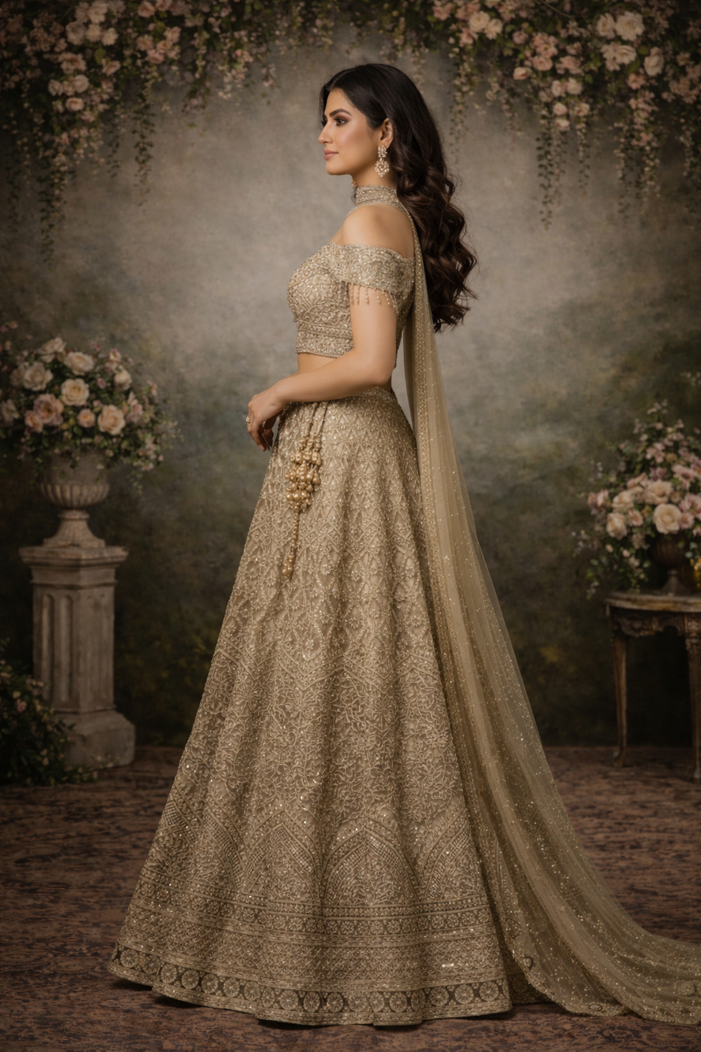 Champagne Gold Heavy Embroidered Off-Shoulder Bridal Lehenga Set - Image 3