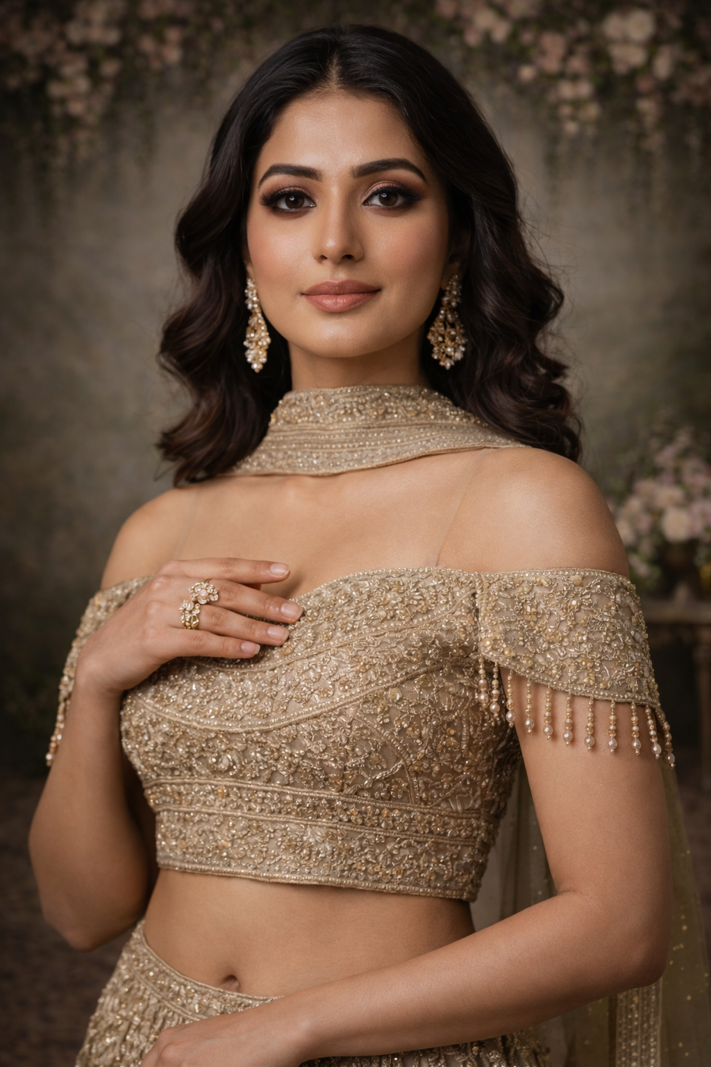 Champagne Gold Heavy Embroidered Off-Shoulder Bridal Lehenga Set - Image 4