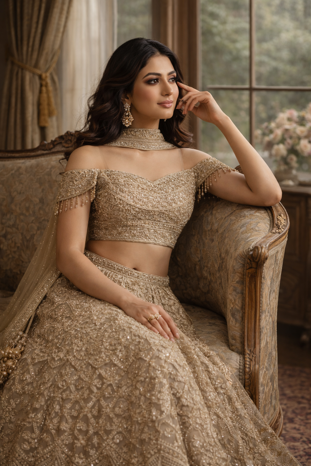 Champagne Gold Heavy Embroidered Off-Shoulder Bridal Lehenga Set - Image 5