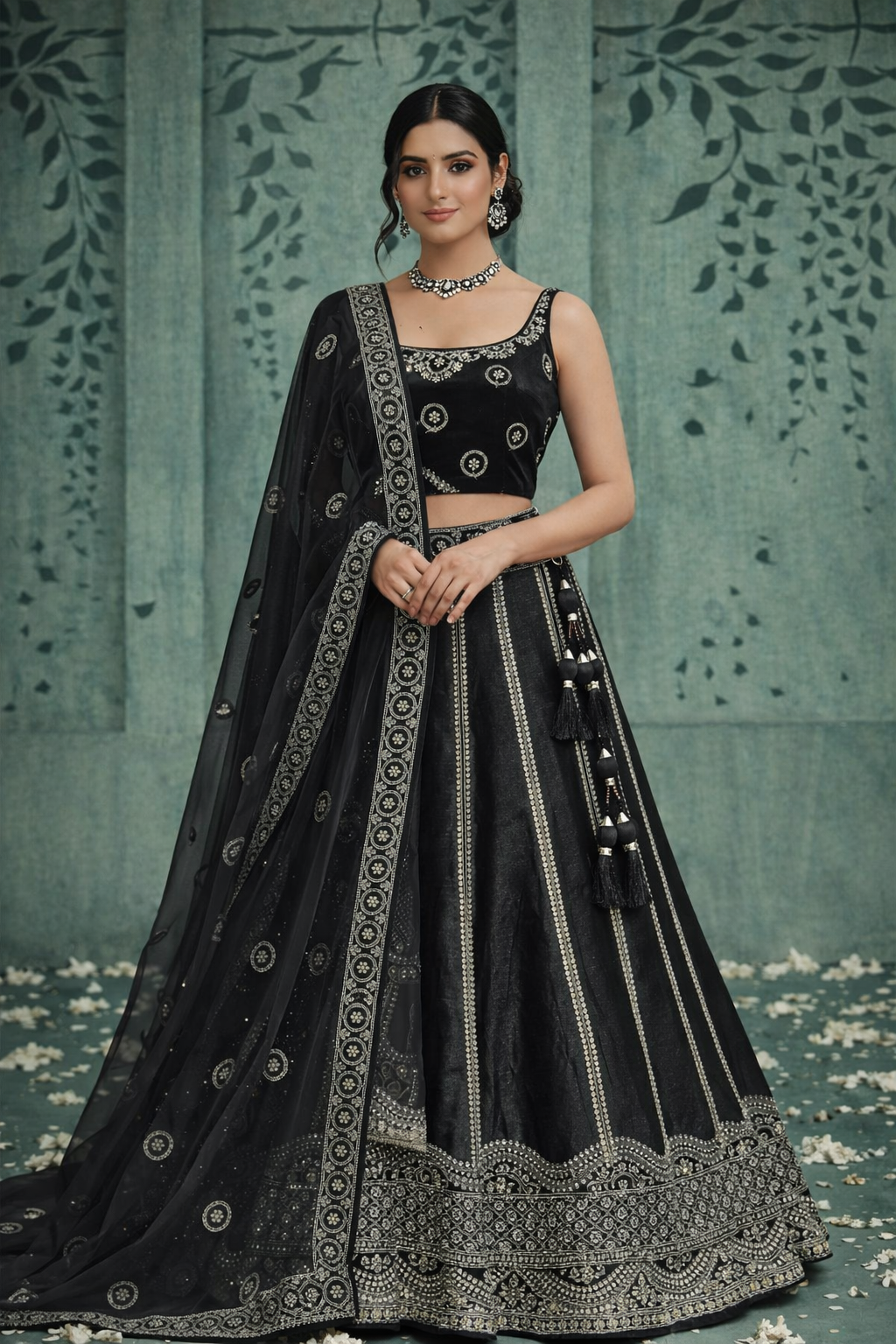 Black Silver Zari Embroidered Designer Lehenga Set with Net Dupatta