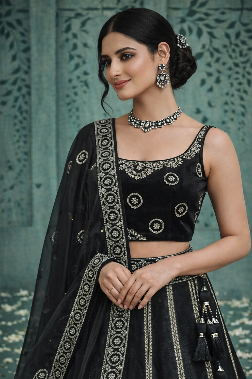 Black Silver Zari Embroidered Designer Lehenga Set with Net Dupatta - Image 2
