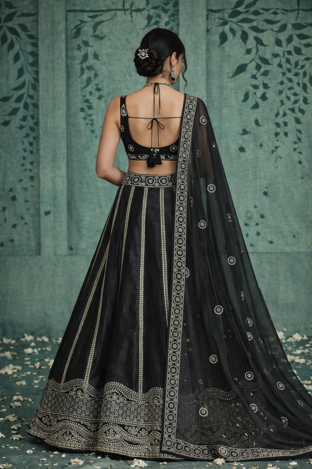 Black Silver Zari Embroidered Designer Lehenga Set with Net Dupatta - Image 3