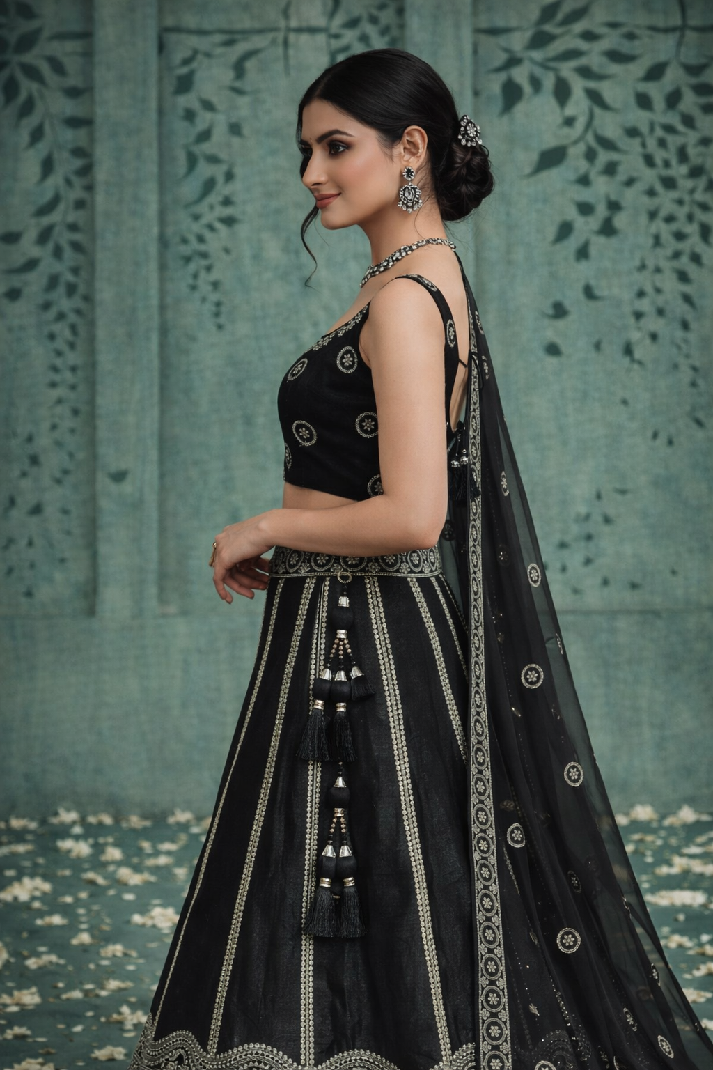 Black Silver Zari Embroidered Designer Lehenga Set with Net Dupatta - Image 4