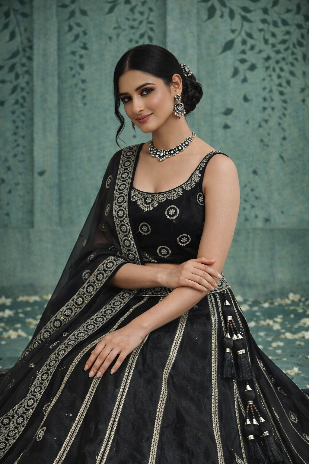 Black Silver Zari Embroidered Designer Lehenga Set with Net Dupatta - Image 5