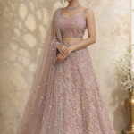 Blush Pink Heavy Embroidered Sequins Lehenga Set with Net Dupatta