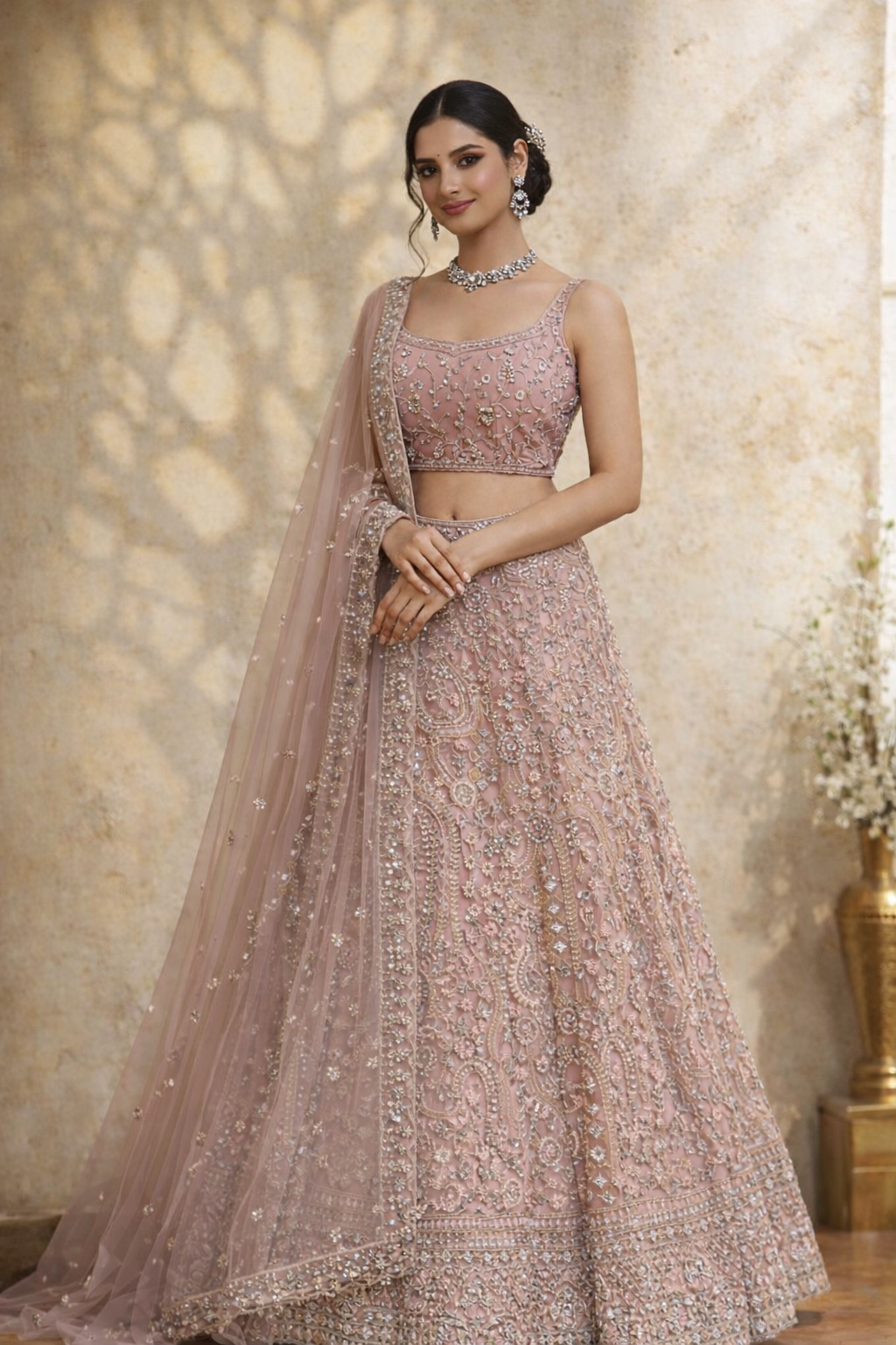 Blush Pink Heavy Embroidered Sequins Lehenga Set with Net Dupatta