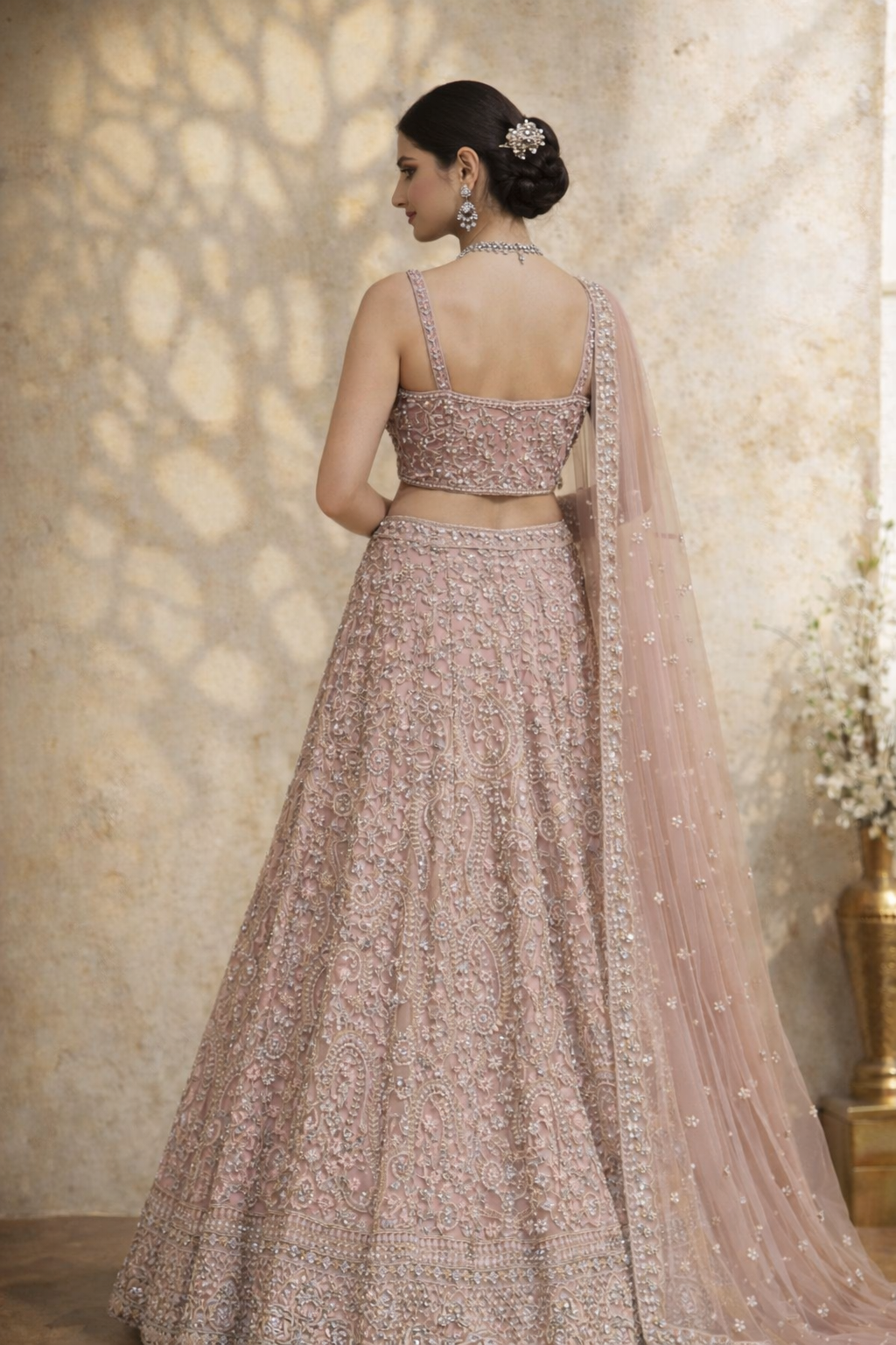 Blush Pink Heavy Embroidered Sequins Lehenga Set with Net Dupatta - Image 2