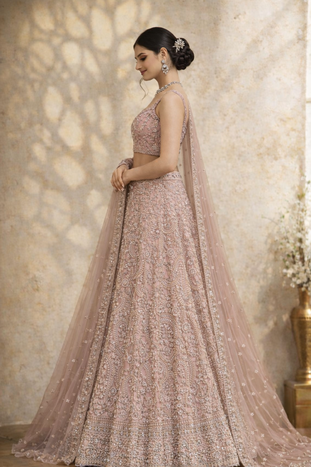 Blush Pink Heavy Embroidered Sequins Lehenga Set with Net Dupatta - Image 3