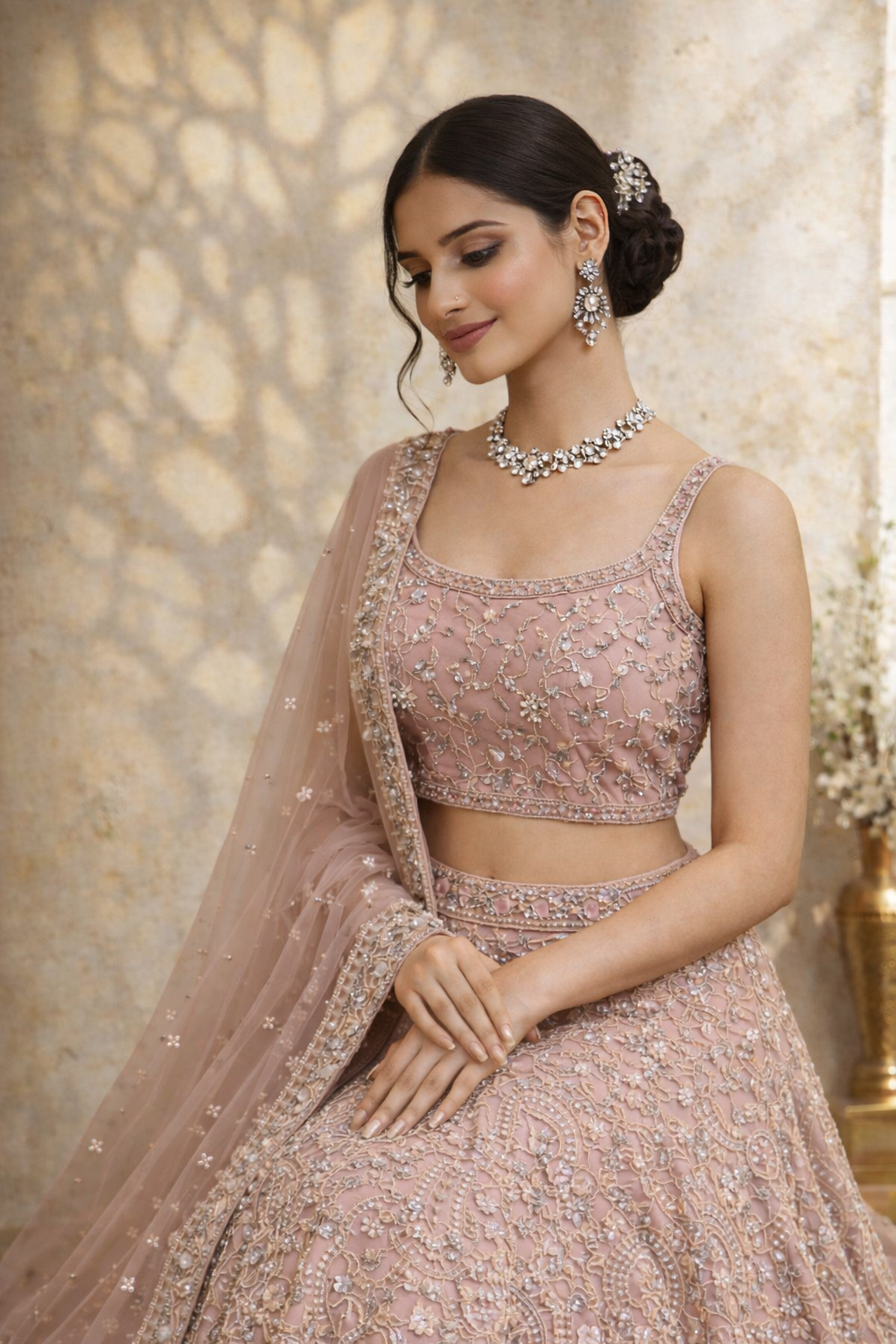Blush Pink Heavy Embroidered Sequins Lehenga Set with Net Dupatta - Image 5