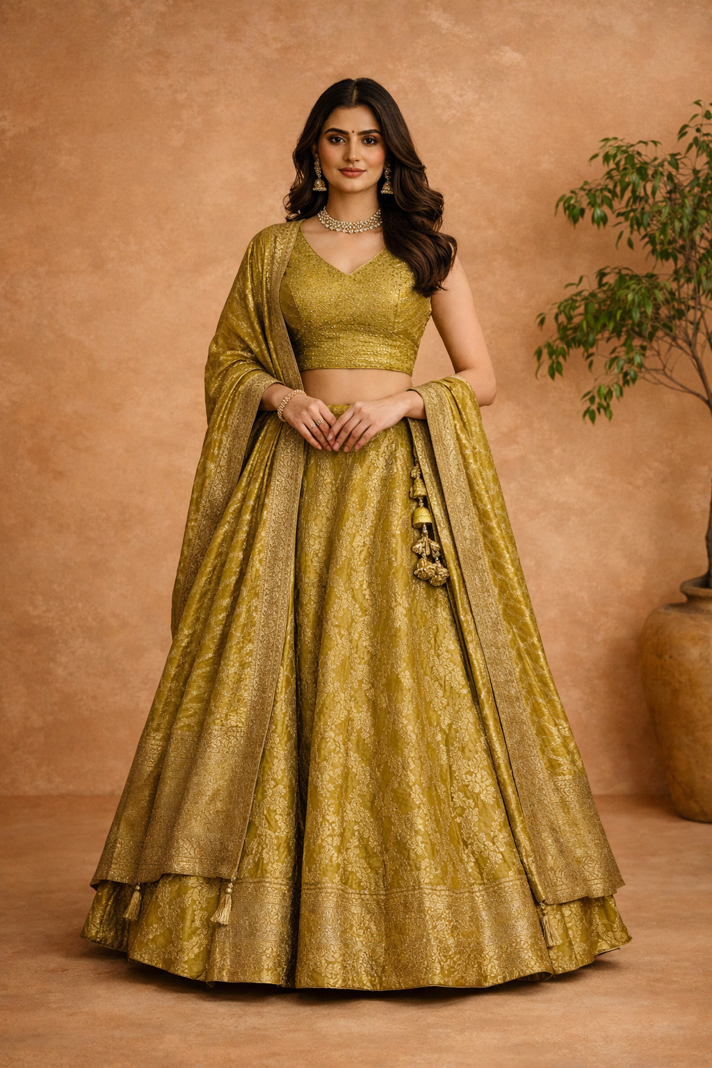 Olive Gold Banarasi Woven Lehenga Set with Matching Dupatta