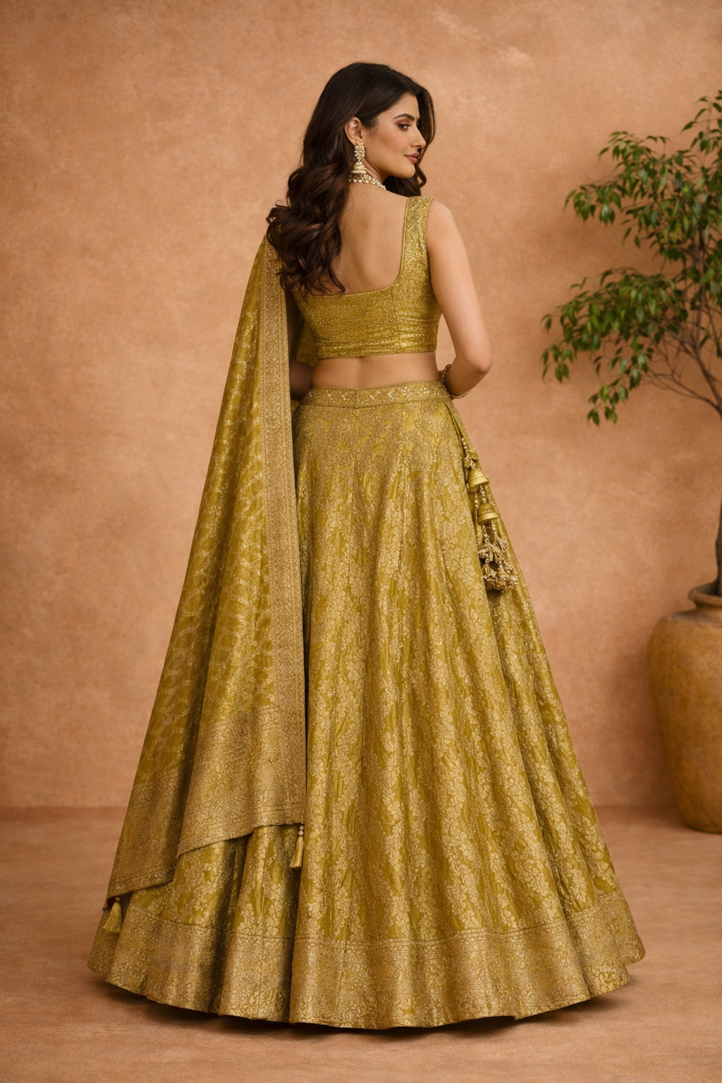 Olive Gold Banarasi Woven Lehenga Set with Matching Dupatta - Image 2