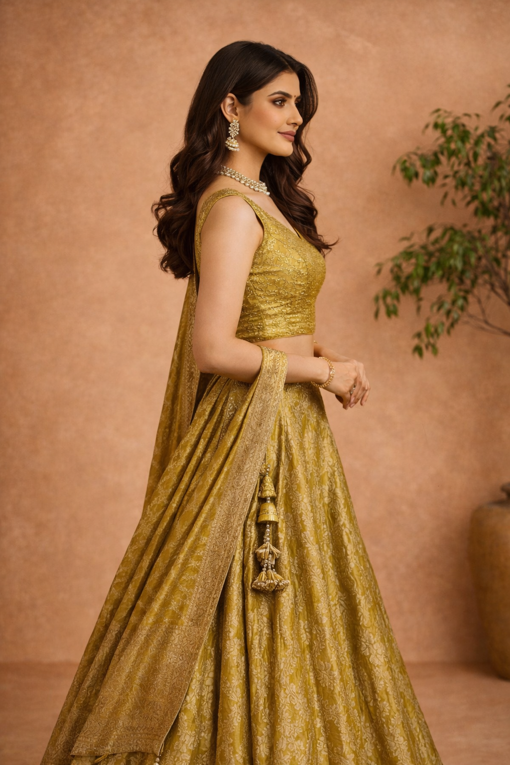 Olive Gold Banarasi Woven Lehenga Set with Matching Dupatta - Image 3