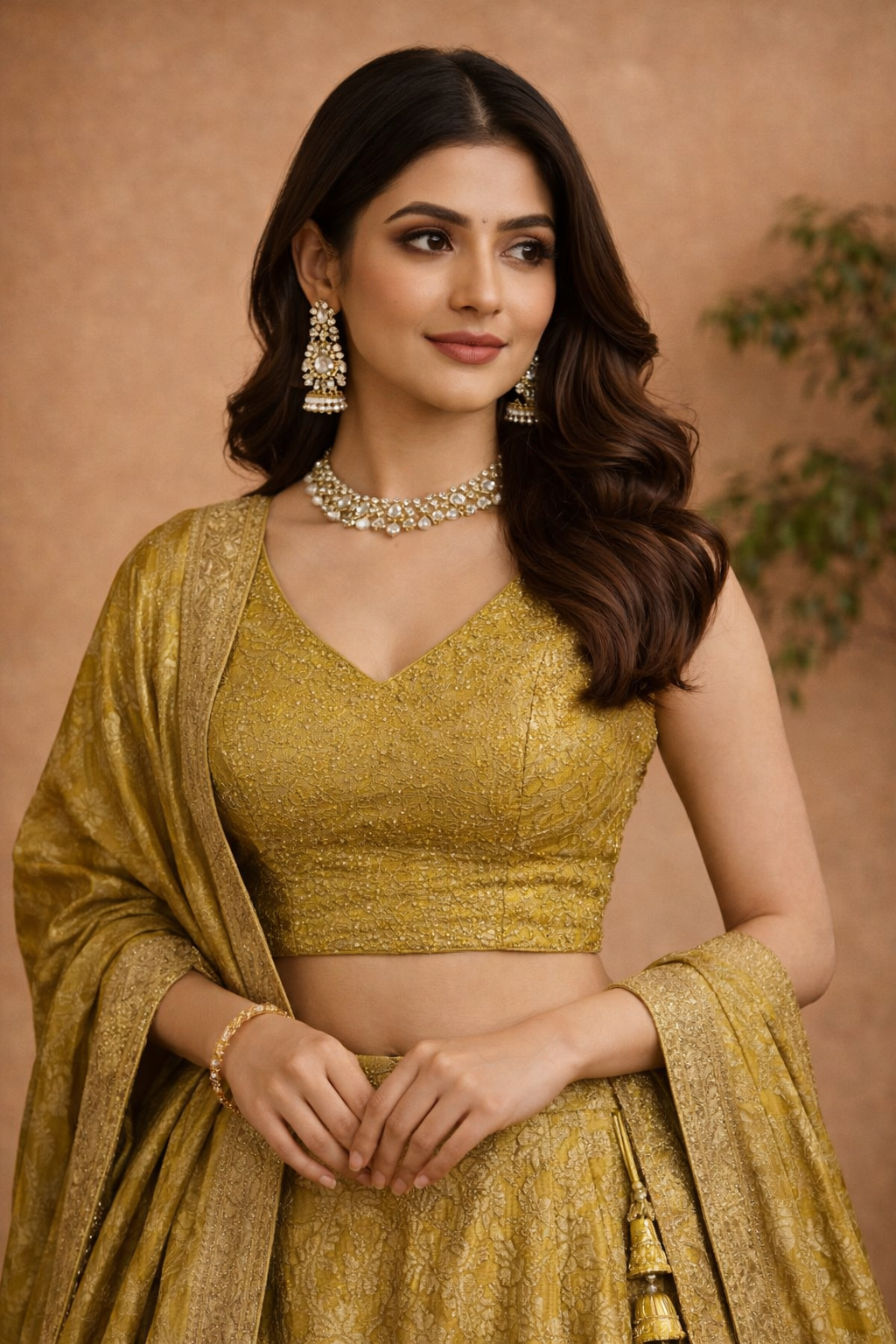 Olive Gold Banarasi Woven Lehenga Set with Matching Dupatta - Image 4