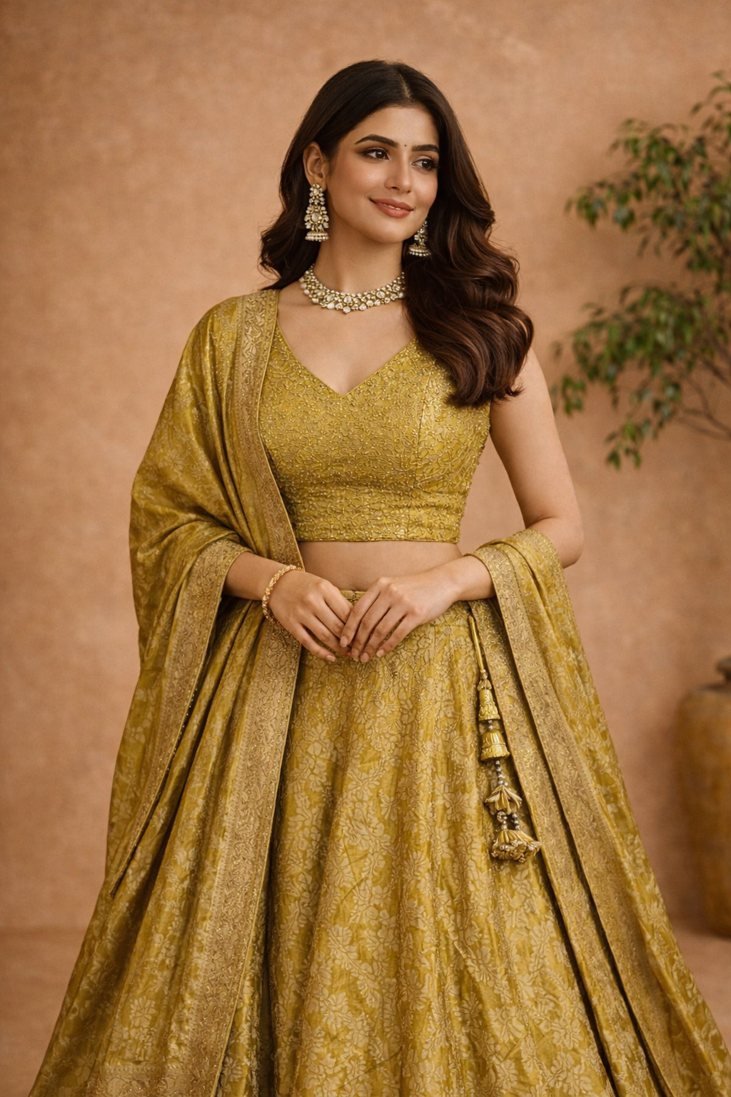 Olive Gold Banarasi Woven Lehenga Set with Matching Dupatta - Image 5